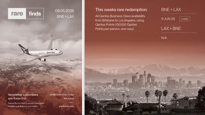 Sure! Here's a description:

An advertisement features a Qantas airplane flying against a cloudy sky, with text offering Qantas Business Class flights from Brisbane (BNE) to Los Angeles (LAX) using Qantas Points. The background includes a stylized image of the Los Angeles skyline.