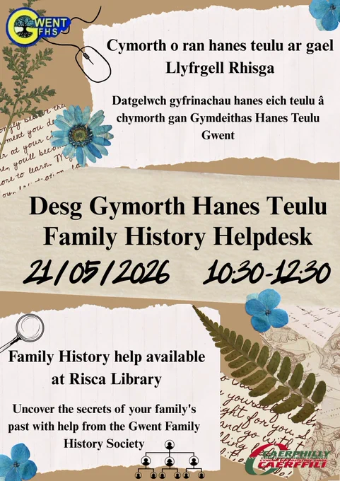 Family History Helpdesk poster for 21.5.26 between 10.30-12.30 in Risca Library.

Poster Desg Gymorth Hanes Teulu ar gyfer 21.5.26 rhwng 10.30-12.30 yn Llyfrgell Rhisga.