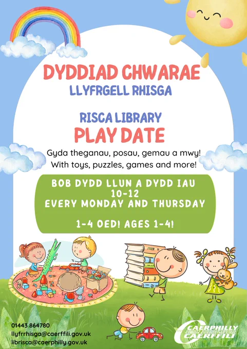 Children's Play Date poster - sessions in Risca Library are on Monday and Thursdays between 10-12 for 1-4 year olds.

Poster Dyddiad Chwarae Plant - mae sesiynau yn Llyfrgell Rhisga ar ddydd Llun a dydd Iau rhwng 10-12 ar gyfer plant 1-4 oed.