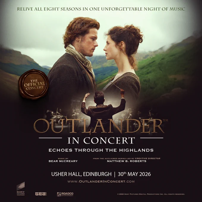 Promotional poster for Outlander In Concert featuring two characters facing each other with a conductor leading an orchestra below, set against a Highland landscape.