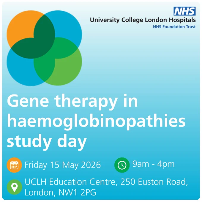 Gene therapy in haemoglobinopathies study day

Friday 15 May 2026
9am - 4pm
UCLH Education Centre, 250 Euston Road, London, NW1 2PG