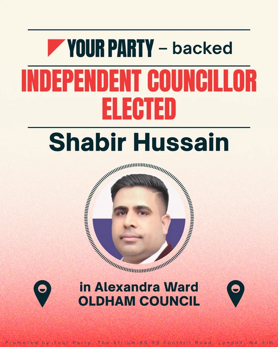 Your Party graphic

Your Party-backed Independent Councillor Elected

Shabir Hussain

Alexandra Ward, Oldham Council