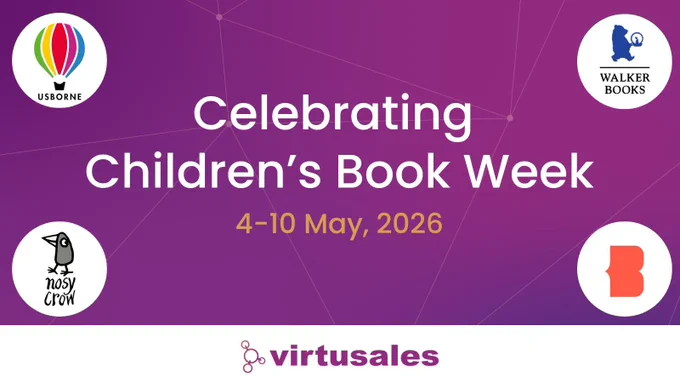 On a dark purple background with crisscrossing yellow lines, the central text reads "Celebrating Children's Book Week, 4-10 May 2026" In each corner of the image are 4 logos in white circles. From L-R, these are: Usborne, Walker Books, Nosy Crow, and Bonnier Books UK. The Virtusales logo is placed bottom center in the white footer. 