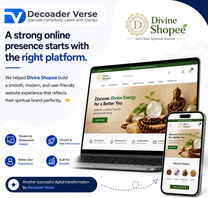 We helped DivineShopee build a modern, responsive, and high-performance eCommerce website designed for a smooth spiritual shopping experience. From clean UI/UX to mobile-friendly performance, every detail was crafted to reflect trust, simplicity, and brand identity.

At Decoader Verse, we create scalable digital experiences that help brands grow online with better design, speed, and user engagement. 🚀