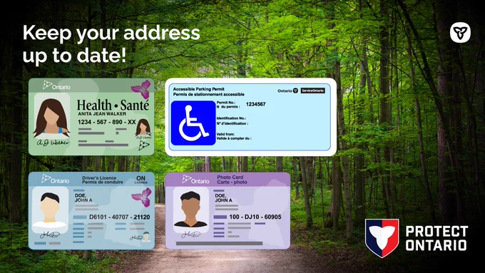 health card, accessible parking permits, driver’s licence and Ontario Photo Card. Text: Keep your address up to date!
