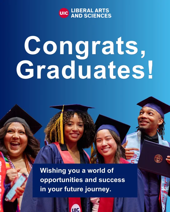 Group of diverse graduates in caps and gowns celebrating their achievement with diplomas against a blue background congratulating them.