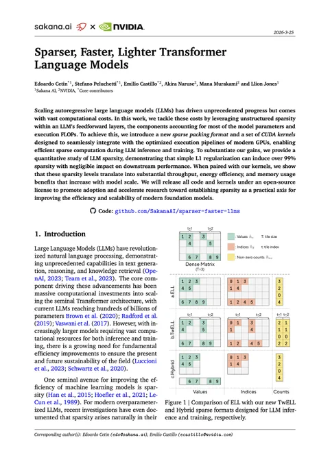 Sparser, Faster, Lighter Transformer Language Models

Scaling autoregressive LLMs has driven unprecedented progress but comes with vast computational costs. In this work, we tackle these costs by leveraging unstructured sparsity within an LLM's feedforward layers, the components accounting for most of the model parameters and execution FLOPs. To achieve this, we introduce a new sparse packing format and a set of CUDA kernels designed to seamlessly integrate with the optimized execution pipelines of modern GPUs, enabling efficient sparse computation during LLM inference and training. To substantiate our gains, we provide a quantitative study of LLM sparsity, demonstrating that simple L1 regularization can induce over 99% sparsity with negligible impact on downstream performance. When paired with our kernels, we show that these sparsity levels translate into substantial throughput, energy efficiency, and memory usage benefits that increase with model scale.
