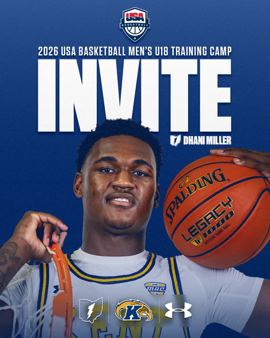 Promotional graphic announcing that Dhani Miller, a Kent State University men's basketball player, has been invited to the 2026 USA Basketball Men's U18 Training Camp. Miller is pictured in a white Kent State MAC jersey, holding a Spalding basketball in one hand and a net in the other. The USA Basketball shield logo appears at the top of the graphic. The text "2026 USA Basketball Men's U18 Training Camp" and the word "INVITE" in large white letters are overlaid on the image. Dhani Miller's name with an Ohio lightning bolt icon appears in the middle right. Logos for Ohio, Kent State, and Under Armour are displayed at the bottom.