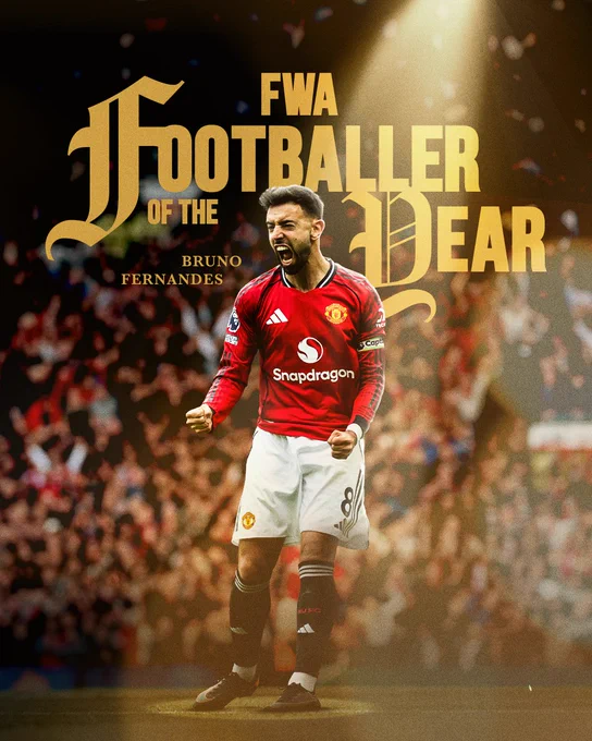 Bruno Fernandes celebrates in our red-and-white 2025/26 home kit, announced as FWA Footballer of the Year in front of a packed Old Trafford.