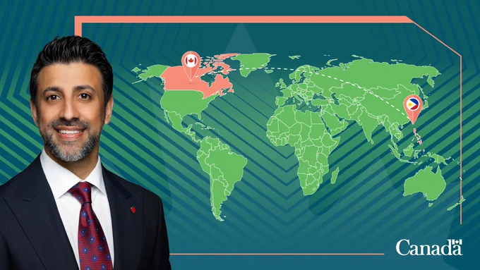 Infographic with teal background.  On the left is a picture of Minister Sidhu. On the right is a map of the world with a Canadian and Filipino flags. The Government of Canada wordmark appears at bottom right. 