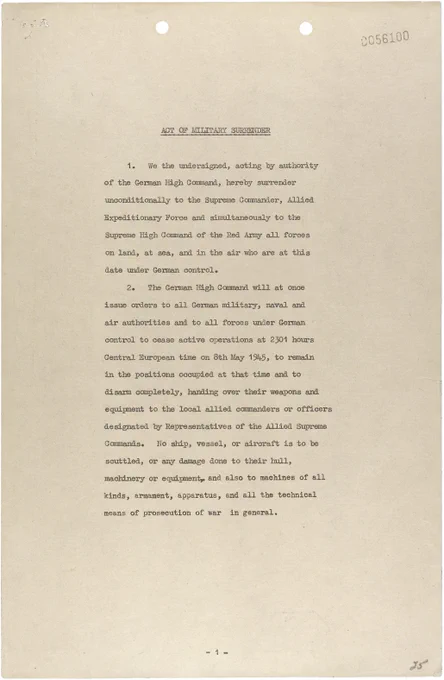📸Act of Military Surrender, page 1, May 8, 1945. NAID: 6943512
