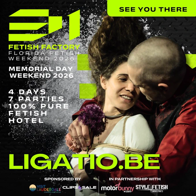 Expect a spell-BINDING performance from shibari rope experts Ligatio.be at our Florida Fetish Weekend 2026, happening Memorial Day Weekend (May 21st thru 24th) in sunny Fort Lauderdale. Tickets are available now!