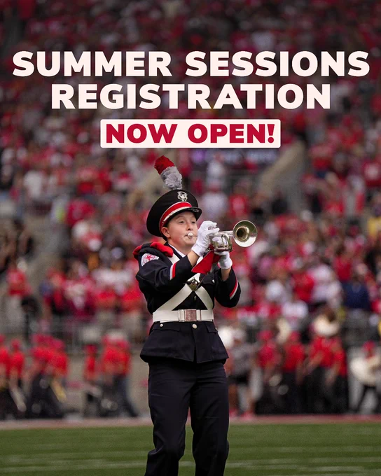 A person in a marching band uniform playing a trumpet on a football field. The stadium is filled with attendees wearing red. The text reads, "Summer Sessions Registration Now Open!"