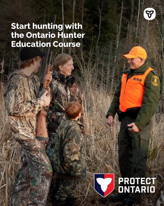 3 hunters in a field talking to a conservation officer. Text reads “Start hunting with the Ontario Hunter Education Course”. 