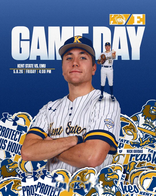 Kent State baseball game day graphic featuring player Nick Guidas (#33) in the foreground wearing a white pinstriped Kent State uniform with navy and gold trim, arms crossed confidently. A smaller cutout of him in a pitching pose appears over his shoulder. The graphic reads "GAME DAY" in large block letters at the top, with "Kent State vs. EMU | 5.8.26 | Friday | 4:00 PM" below. The Kent State "K" and Eastern Michigan "E" logos sit in the upper right corner. The background is a dark navy-to-blue gradient, and the bottom is filled with a collage of Kent State Golden Flashes logos, stickers, and "Protect This House" branding.