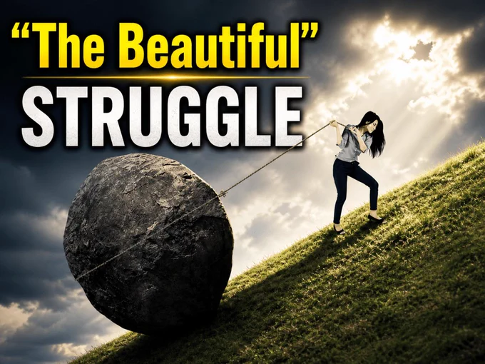 Illustration of a person hauling a large boulder uphill, symbolising struggle, with the text “The Beautiful Struggle