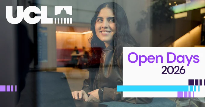 Female student looking out of the window in the Student Centre at Bloomsbury campus overlaid by "UCL Open Days 2026" graphics