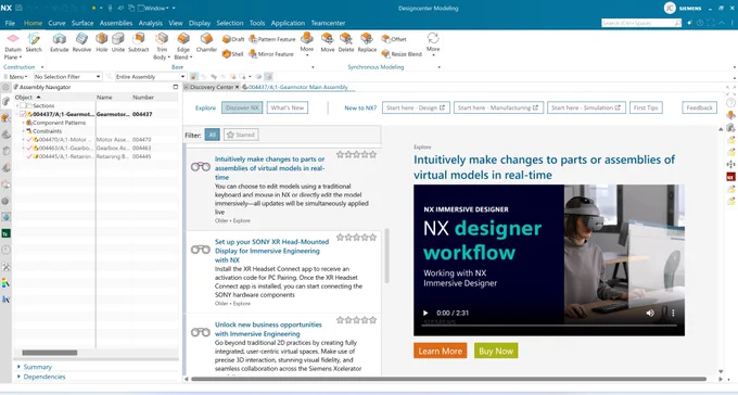Designcenter NX CAD software user interface with Discovery Center open to a tutorial on NX Immersive Designer