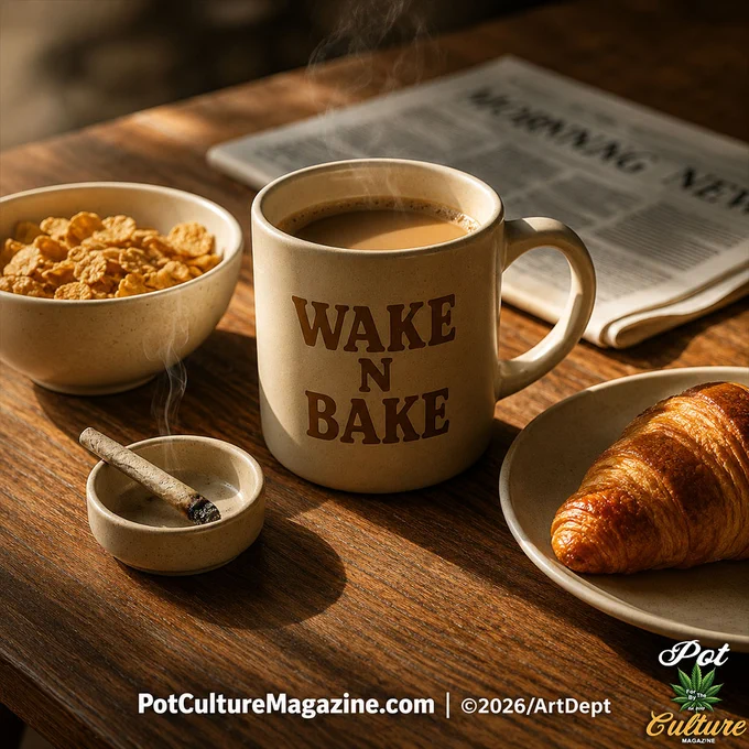 Morning tabletop scene with a coffee mug reading “Wake N Bake,” a smoking joint in an ashtray, a croissant, cereal, and a newspaper in warm sunlight, with Pot Culture Magazine logo and PotCultureMagazine.com visible.