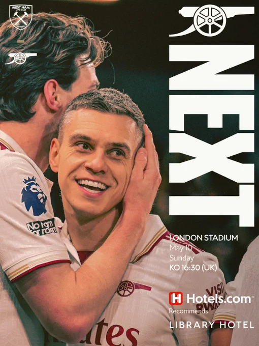 Photo graphic for Arsenal's next match featuring Declan Rice and Leandro Trossard:
West Ham v Arsenal
Sunday May 10th
Kick-off at 16:30 (UK)

Hotels.com recommends Library Hotel