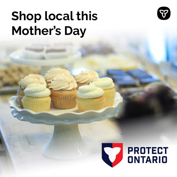 Photo of a plate of cupcakes on display in a bakery.

Text: Shop local this Mother’s Day.
