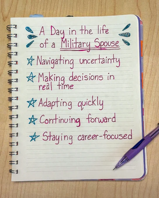 A notebook page titled “A Day in the Life of a Military Spouse” lists challenges like navigating uncertainty, making real-time decisions, adapting quickly, continuing forward and staying career-focused, written in colorful ink with decorative stars and a pen beside it.