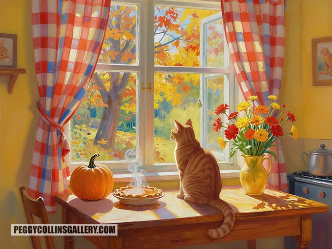 Artwork of a ginger cat sitting on a kitchen table next to a pumpkin pie, admiring the fall leaves outside, by Peggy Collins.