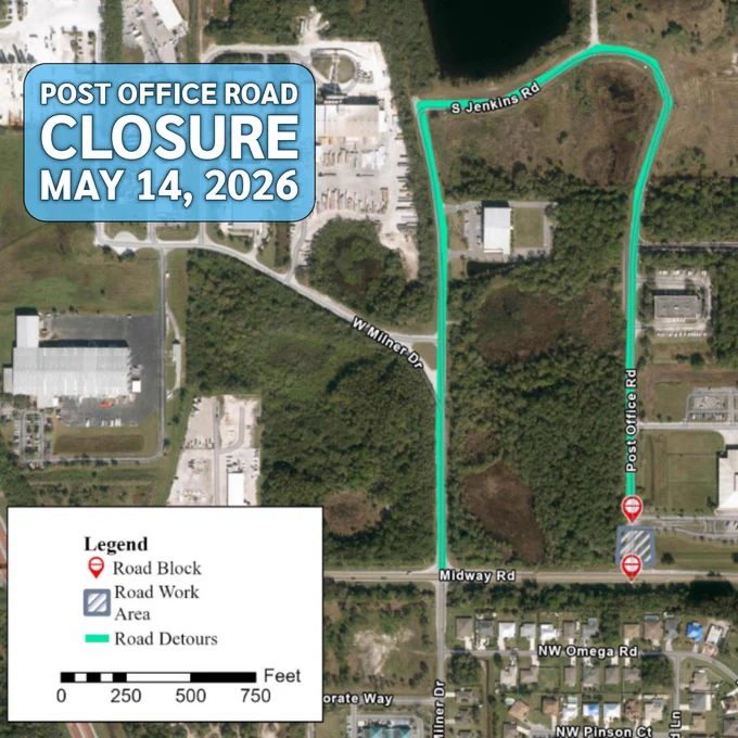 Aerial map showing Post Office Road closure on May 14, 2026, with marked detour route via S Jenkins Rd and Midway Rd.