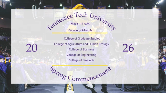 Tennessee Tech University's Spring Commencement ceremony schedule is depicted. The event is on May 8 at 9 A.M. It includes the College of Graduate Studies, College of Agriculture and Human Ecology, College of Business, College of Engineering, and College of Fine Arts. 
