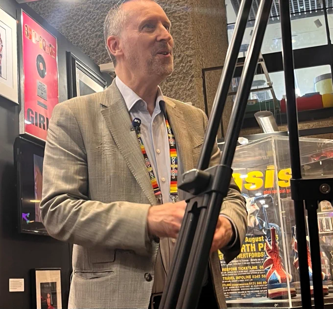 Music librarian Richard Jones being interviewed by the Spanish Agencia EFE News Agency about the '1996' exhibition at Barbican Music Library  