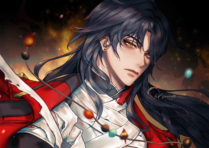 Fanart of Mortenax Blade from Honkai Rail Star. The fanart is bust-size with a dark fiery background.