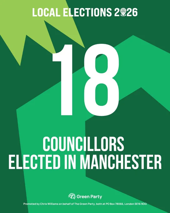 Local Elections 2026.
18 Councillors Elected in Manchester. 
Promoted by Chris Williams on behalf of The Green Party, both at PO Box 78066, London SE16 9GQ. 