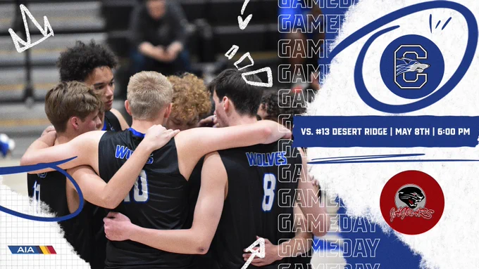 Game day graphic: Wolves vs. #13 Desert Ridge Jaguars on May 8th at 6:00 pm. Team huddle photo with opponent logos.