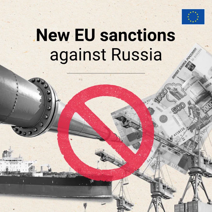Visual featuring a collage of an oil pipeline, a cargo ship, Russian rouble banknotes, and port cranes. Large text reads "New EU sanctions against Russia" with a red "prohibited" symbol over the centre. The EU flag is in the top right corner.