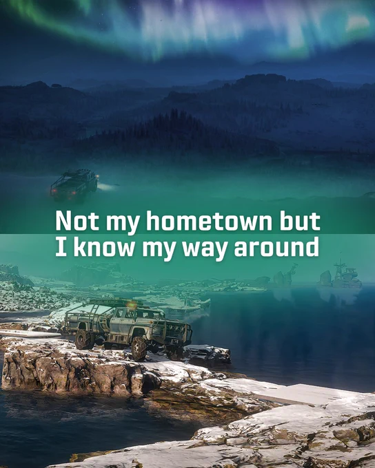 Screenshots from SnowRunner with a rugged vehicle parked on snowy rocky terrain near a calm body of water under a vibrant northern lights sky.