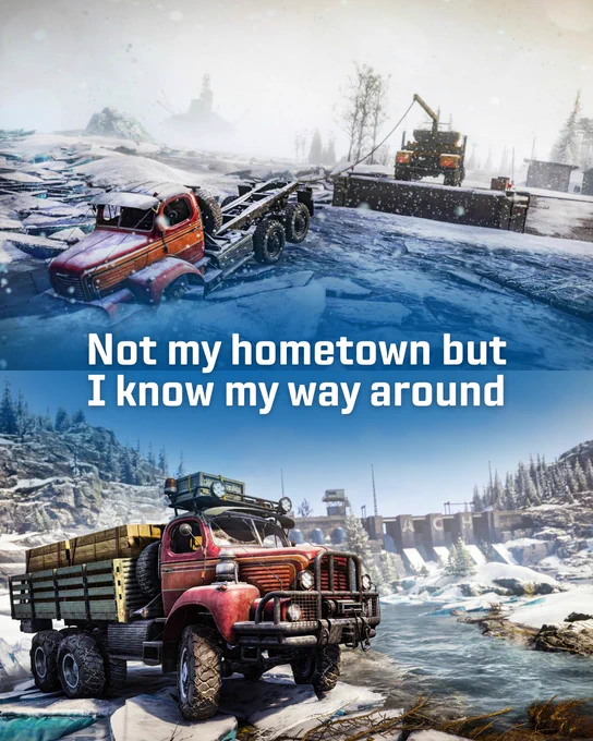 Screenshot from SnowRunner with a green camper truck parked on a rocky hill near a stone tower overlooking a forest and mountains under a blue sky.