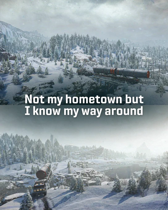 Screenshot from SnowRunner with snow-covered mountainous landscape with a large truck carrying a cylindrical load on a winding road under a cloudy sky.