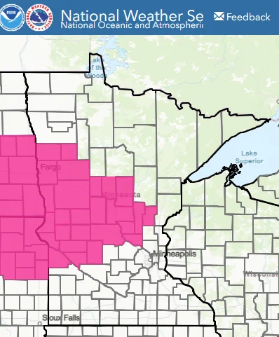 screenshot from the national weather service showing 26 counties highlighted pink that are in the red flag warning today.