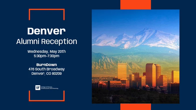 Denver Alumni Reception invitation featuring a city skyline with mountains in the background. Event details include date, time, and location.
