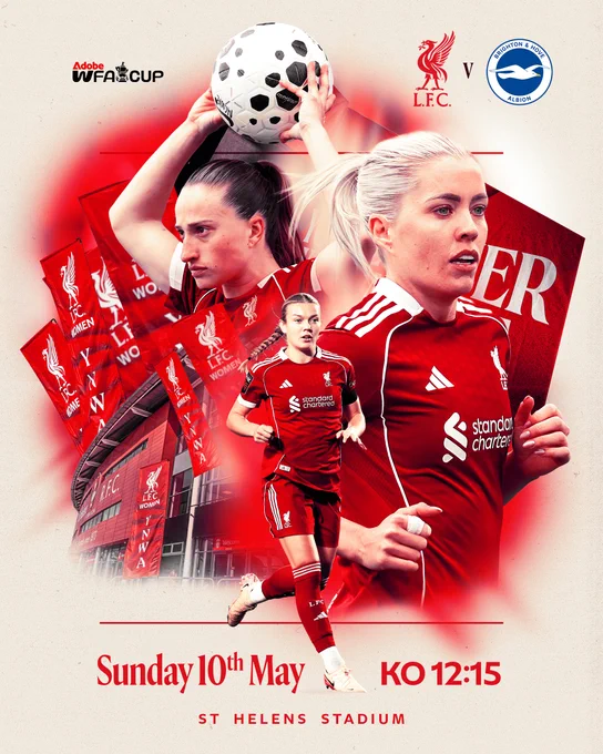A matchday graphic for Liverpool v Brighton.

Fixture details:
FA Cup semi-final 
Sunday 10th May
Kick-off 12:15
St Helens Stadium