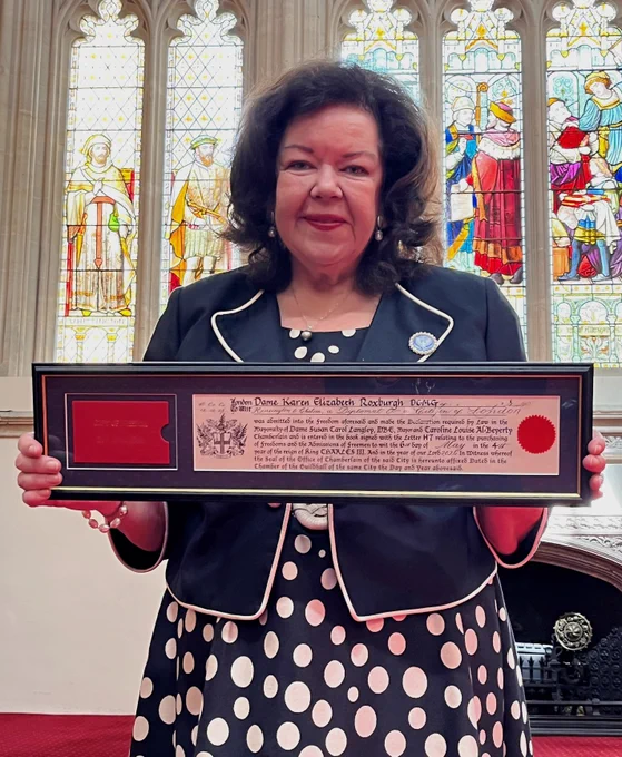 Dame Karen Pierce DCMG pictured at Guildhall, shortly after receiving the Freedom of the City of London, in recognition of her outstanding public service and contribution to international affairs.