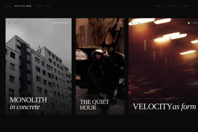 A moody, editorial-inspired portfolio interface showcasing a curated selection of cinematic and visually immersive creative projects. The design embraces a dark minimalist aesthetic with refined typography, atmospheric imagery, and a sophisticated grid composition that creates a premium and high-end digital experience. Each project card feels intentional and art-directed, blending architecture, film, and motion-inspired visuals into a cohesive visual narrative. The interface uses spacious layouts, subtle contrasts, and elegant serif typography to emphasize storytelling and emotional depth rather than pure functionality. Soft shadows, muted tones, and cinematic blur effects contribute to the immersive atmosphere, while the structured alignment and modern composition maintain a clean and contemporary identity. The overall presentation feels luxurious, conceptual, and culturally driven, resembling the visual language of boutique creative studios, fashion campaigns, and modern editorial we