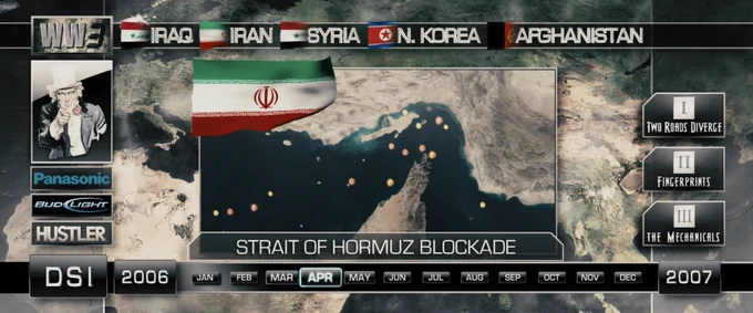 news graphic from the movie Southland Tales showing a blockade of the Strait of Hormuz