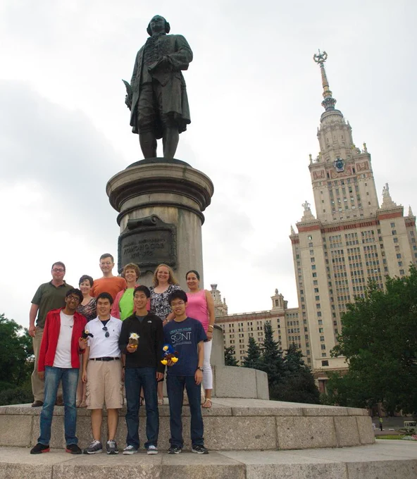 Image Courtesy of ACS. The U.S team posing in front of a statue of Mikhail Lomonosov, father of Russian science. Moscow State University is in the background.