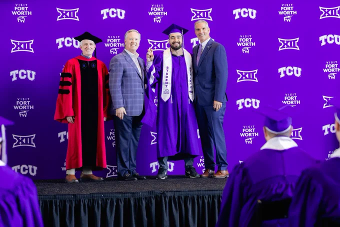 TCU football player Franklin Estrada in his graduation cap and gown