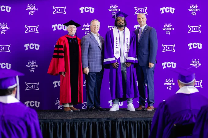 TCU football player Jamel Johnson in his graduation cap and gown