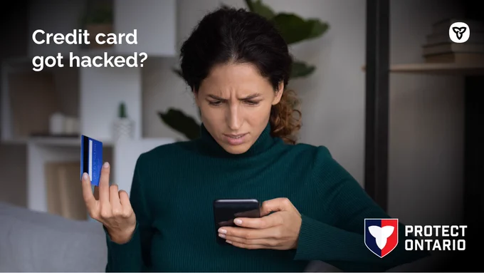 Women confused holding credit card & phone 
Text: Credit card got hacked?
