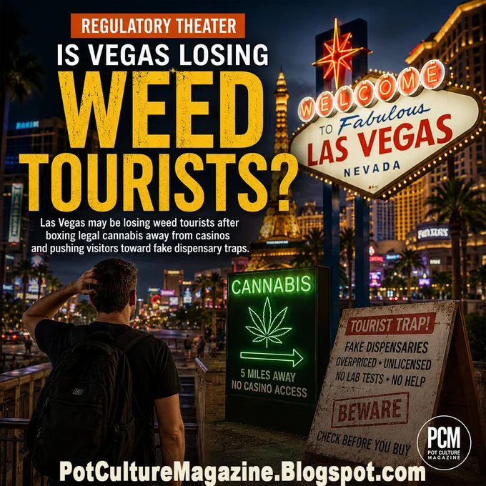 Feature image titled “Is Vegas Losing Weed Tourists?” showing a Las Vegas Strip scene with a confused tourist facing signs for cannabis five miles away, no casino access, and a “Tourist Trap” warning about fake dispensaries, with Pot Culture Magazine logo and PotCultureMagazine.Blogspot.com visible.