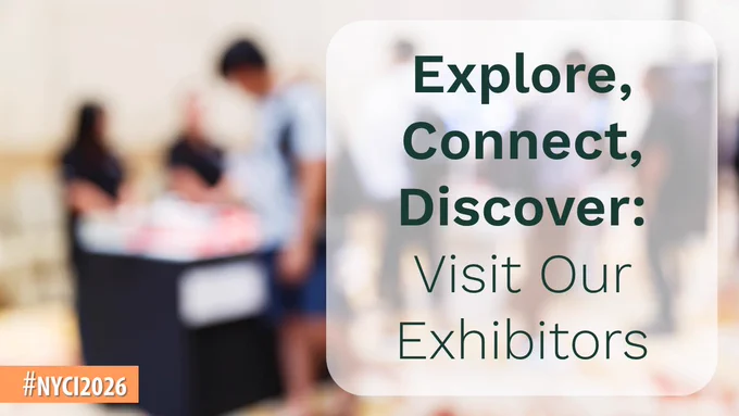 Blurry image of people interacting at an event with text inviting to explore and connect with exhibitors.