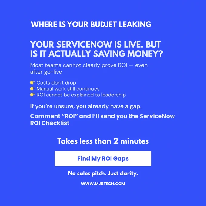 Your ServiceNow platform is live.

But can your team actually prove ROI?

Most organizations still struggle with:
• Manual workflows
• Rising operational costs
• No ROI visibility

We created a ServiceNow ROI Checklist to identify the gaps.

👉 https://mjbtech.com/blogs/your-servicenow-is-live-so-why-is-it-still-not-delivering-roi?utm_source=twitter&utm_medium=organic&utm_campaign=roi_checklist&utm_content=social_post

#ServiceNow #ITSM #EnterpriseIT